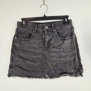 Express Original Black Denim‎ Straight Mini Mid Rise Skirt Size 0 Distressed